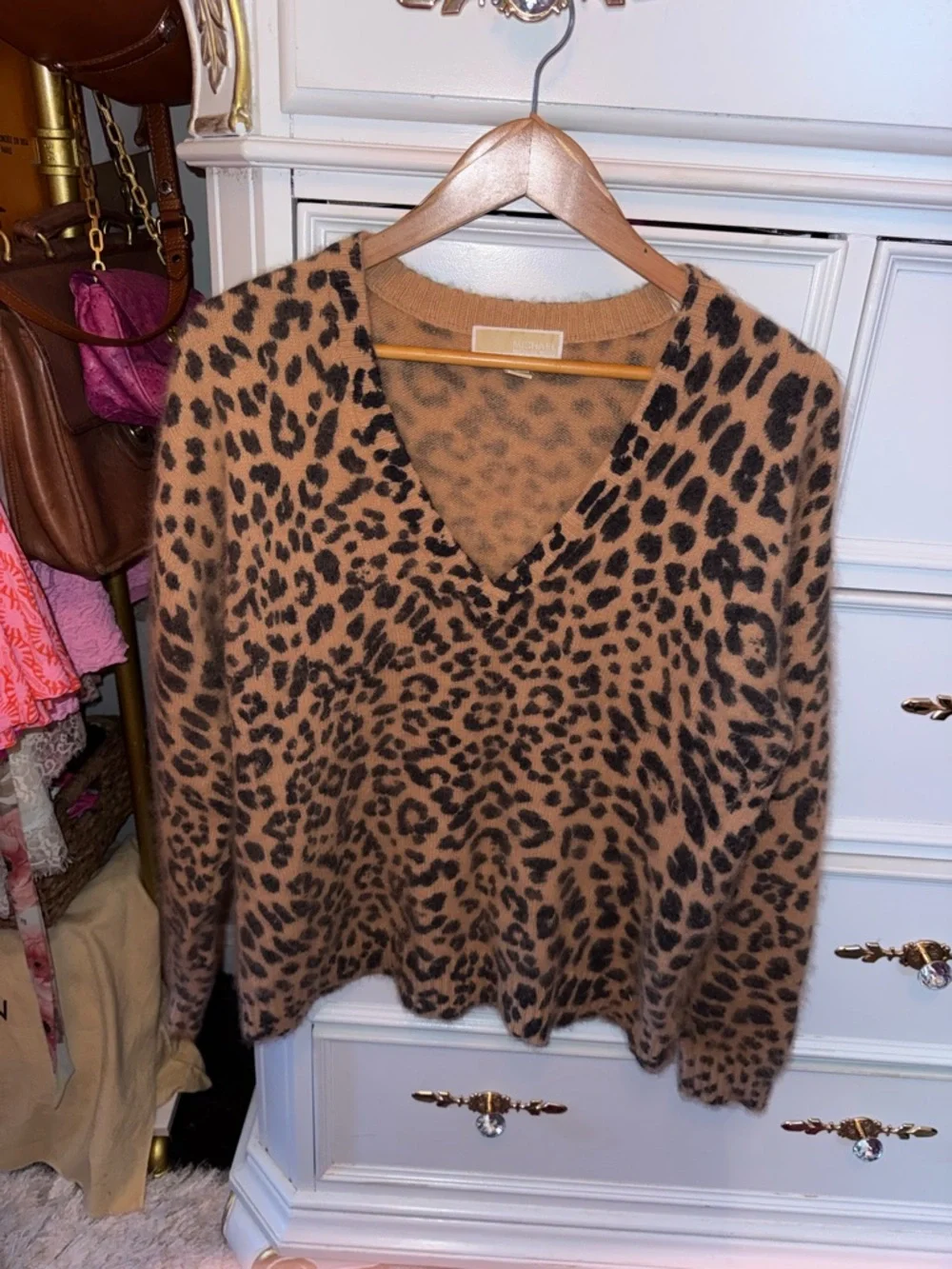 Michael Kors Leopard Print V-Neck Angora Rabbit Hair Sweater - Brown & Black